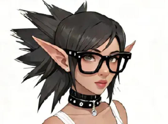 Portrait of Irak: dark spiked hair, elven ears, black square glasses, and a studded collar.